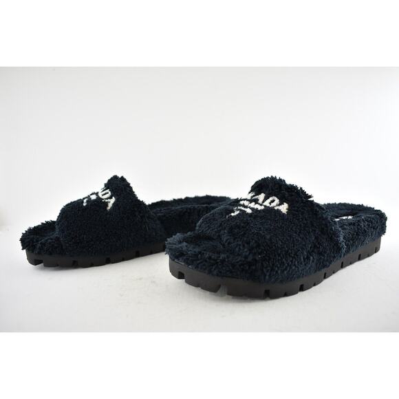 Prada Black Terry Cloth White Logo Slide Sandal Rubber Flip Flop Flat UK12 US 13 - Picture 10 of 12